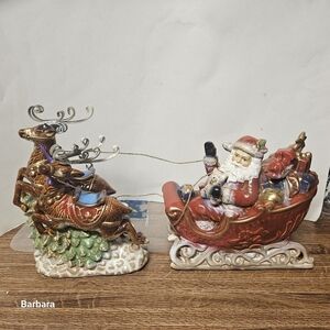 Vintage Costco Porcelain Hand-crafted Santa Sleigh 2-Piece Set